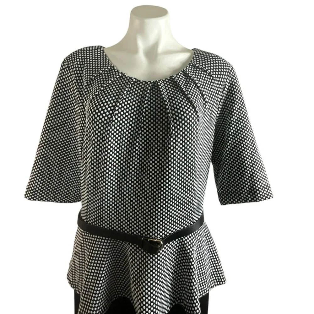 Connected Black and White Polka‎ Dot Belted Zip Back Peplum Dress